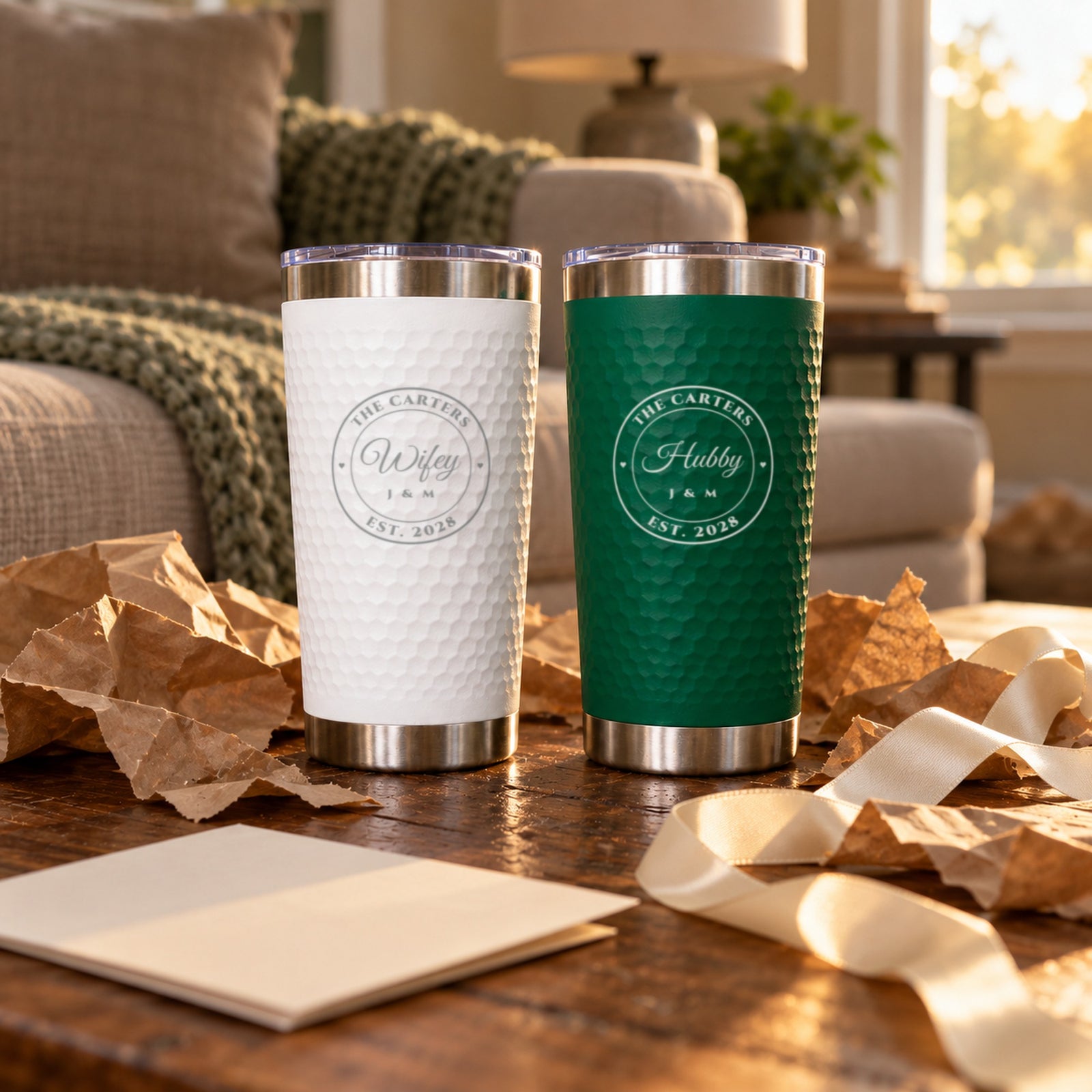 Engraved Hubby and Wifey tumblers for The Carters, Est. 2028, among torn kraft wrapping paper, a personalized gift for the couple