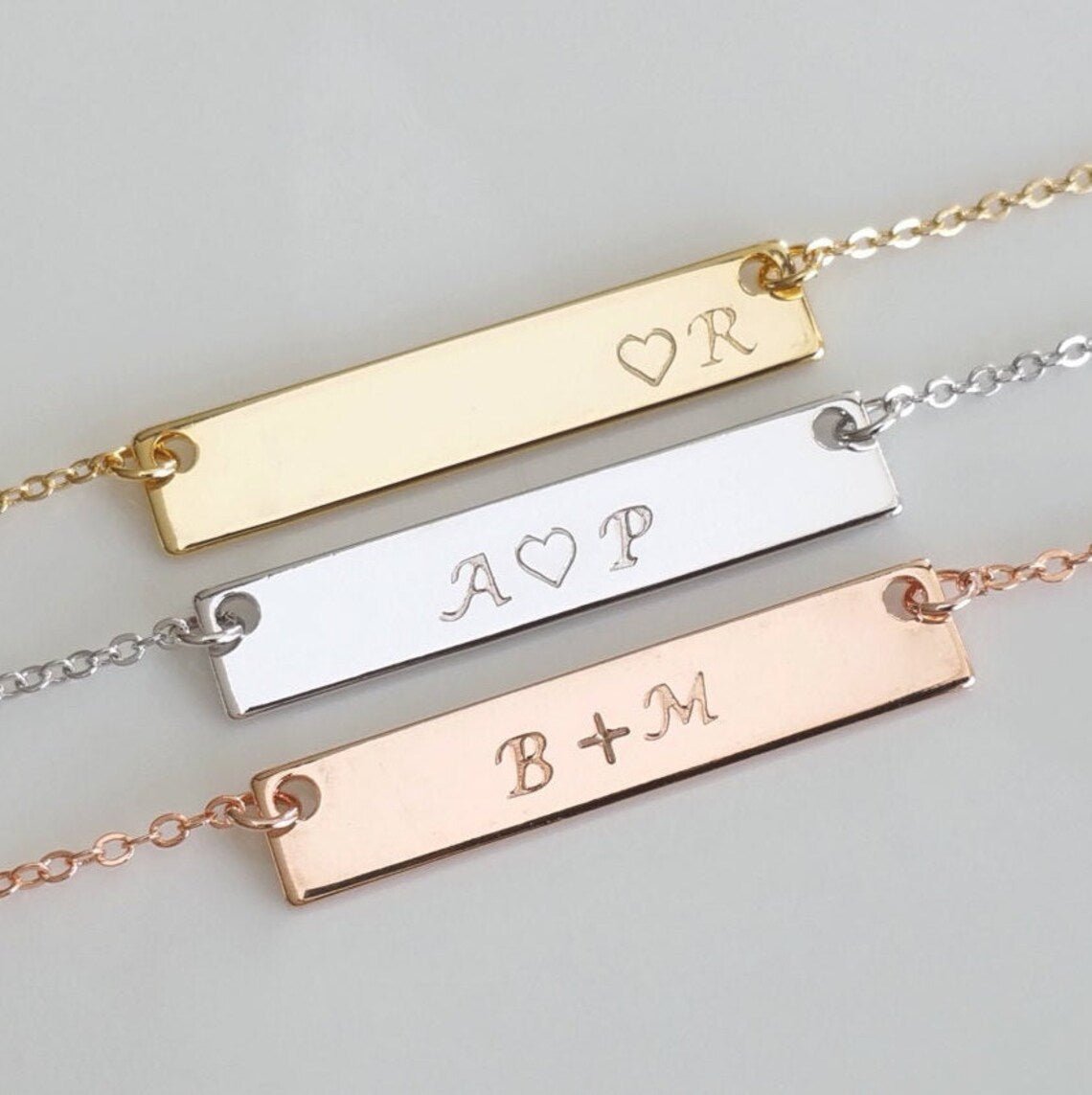Love-ly Personalized Bar Necklace in gold, silver, and rose gold with custom engraved initials