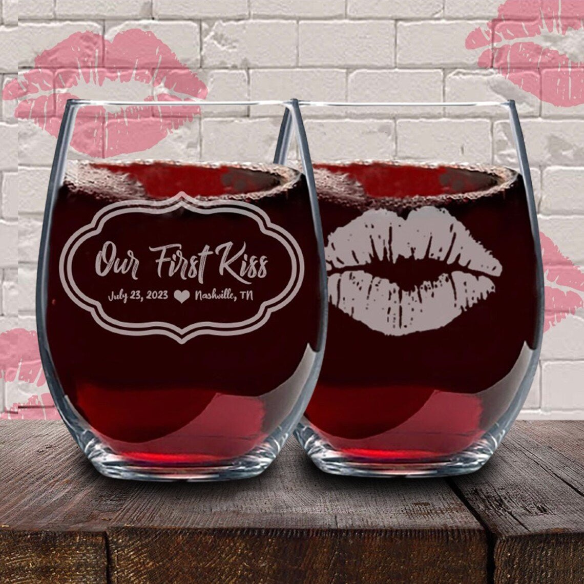 Personalized Our First Kiss Wine Glass for her, Customized Gifts for Women by Groovy Girl Gifts