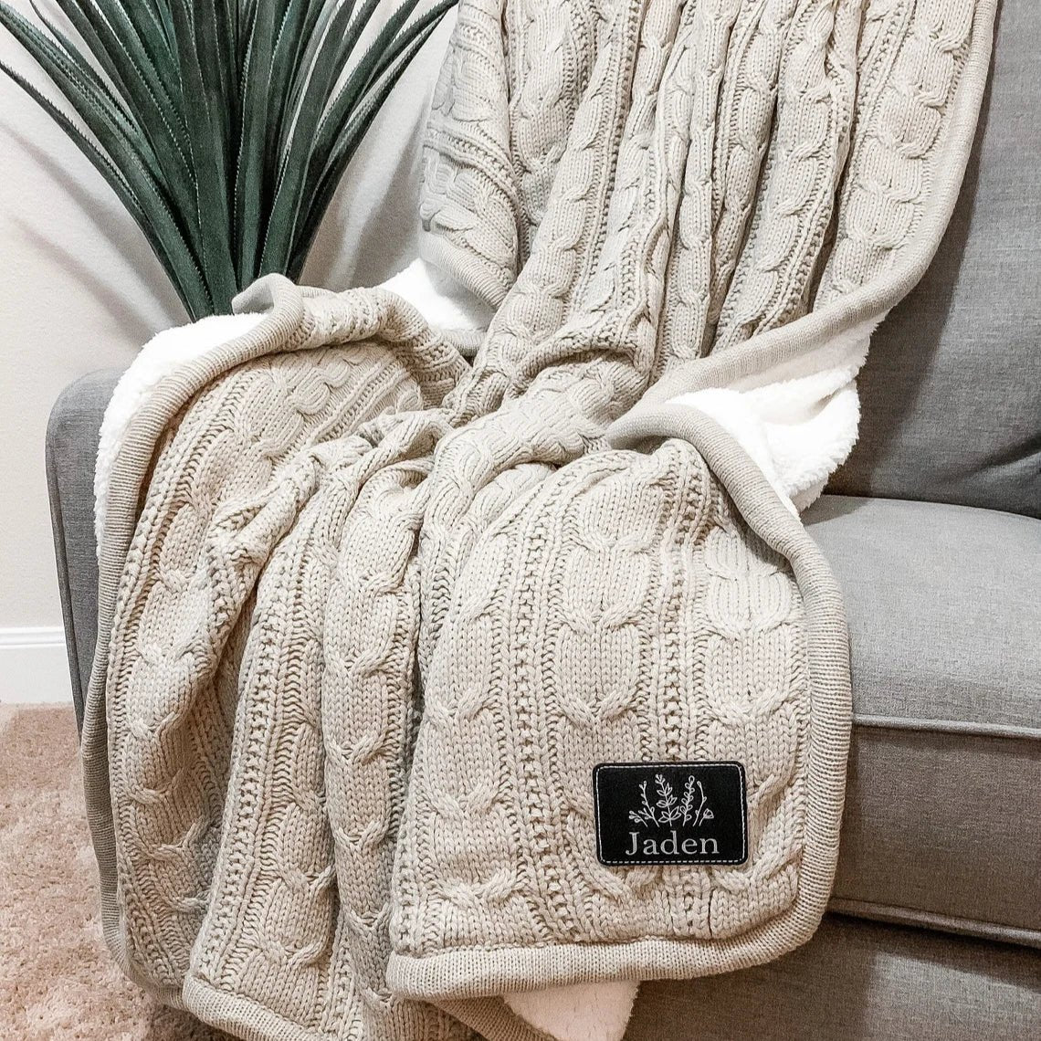 Personalized cable knit blanket with custom monogram