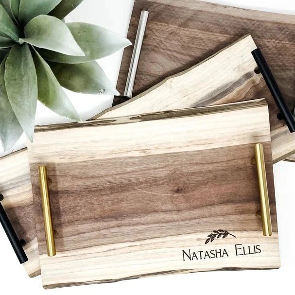 Live Edge Serving Tray in black walnut wood with natural organic edge, personalized with engraved name, available in three sizes with black gold or satin nickel handles