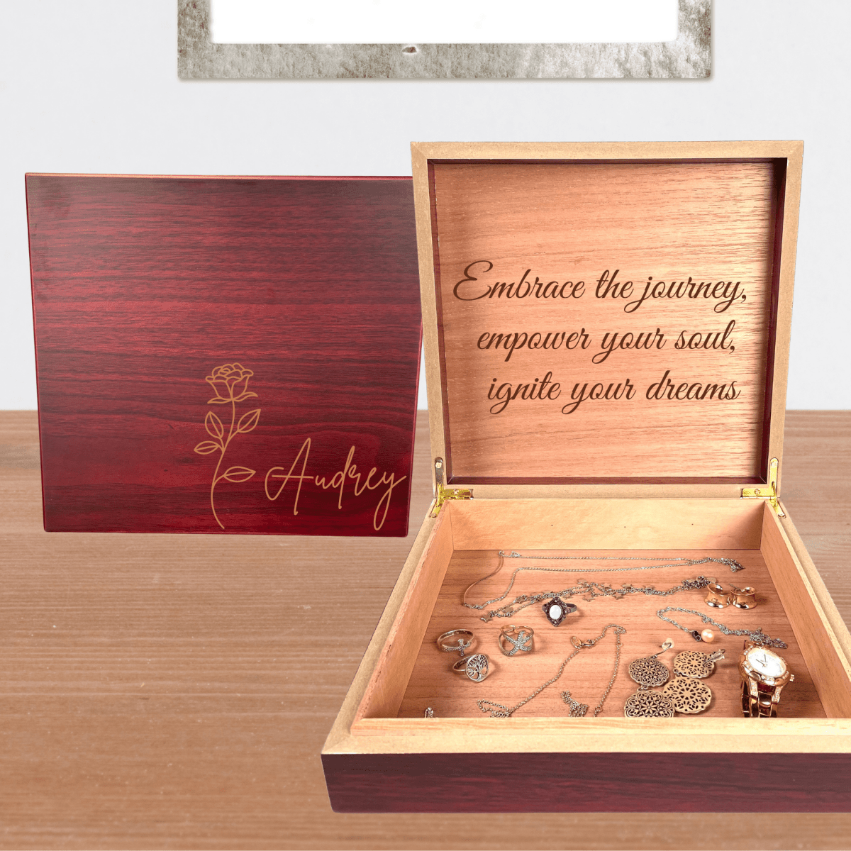 Personalized Cherry Wood Jewelry Box with Engraved Birth Flower