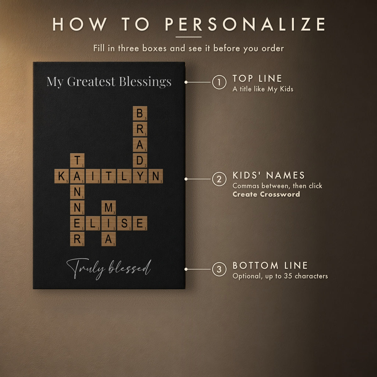 How to personalize the kids crossword sign for Mom: add a top line, type her kids' names and click Create Crossword, then an optional bottom line