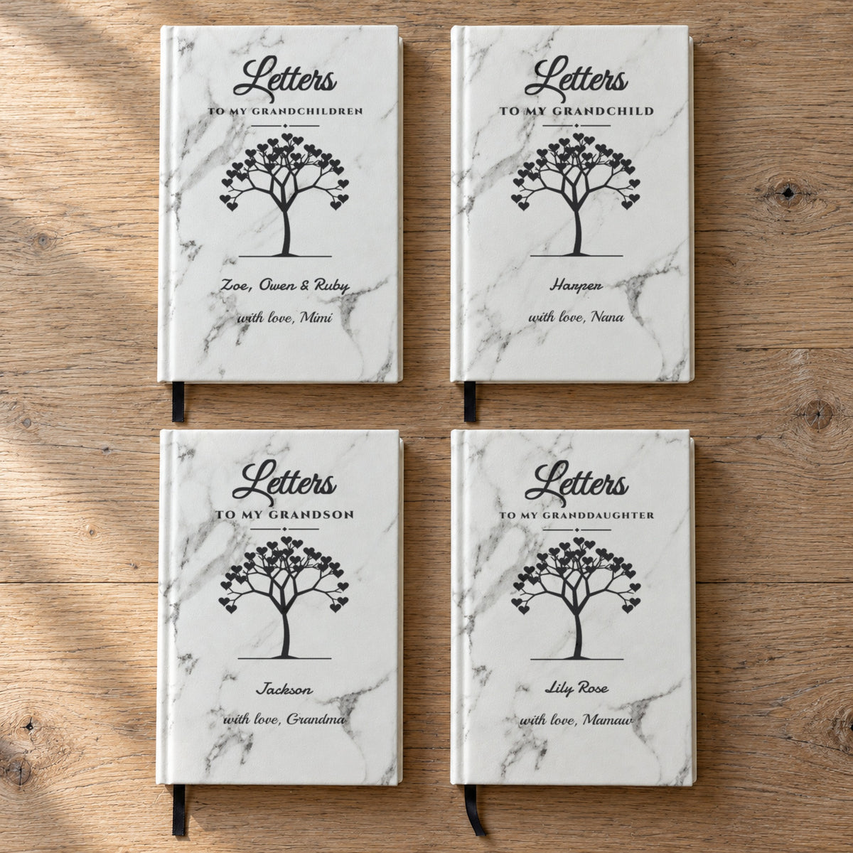 Four engraved grandma journals: My Grandchildren for Zoe, Owen & Ruby, My Grandchild for Harper, My Grandson for Jackson, My Granddaughter for Lily Rose