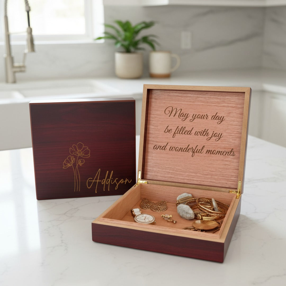 Cherry wood jewelry box with engraved birthflower, personalized name, and custom message inside lid