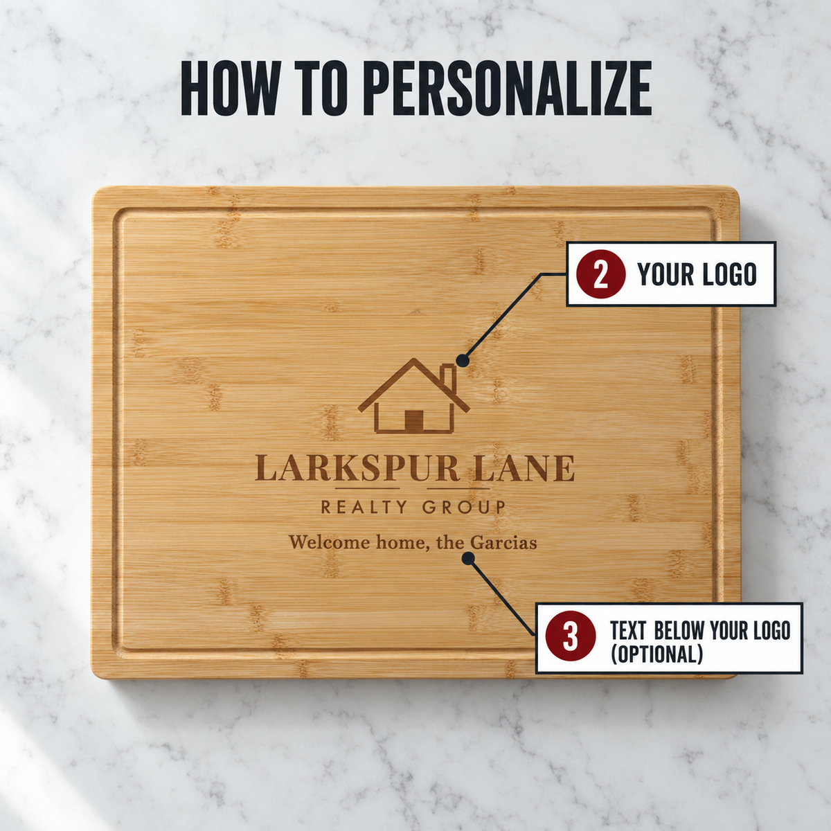 A personalized bamboo cutting board on a white marble background with instructional text overlays explaining how to customize the design with a logo and text.