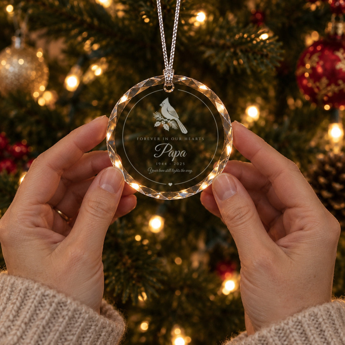 Two hands gently holding the engraved cardinal memorial ornament in front of a lit Christmas tree, reading Forever in Our Hearts, Papa, 1944 - 2025
