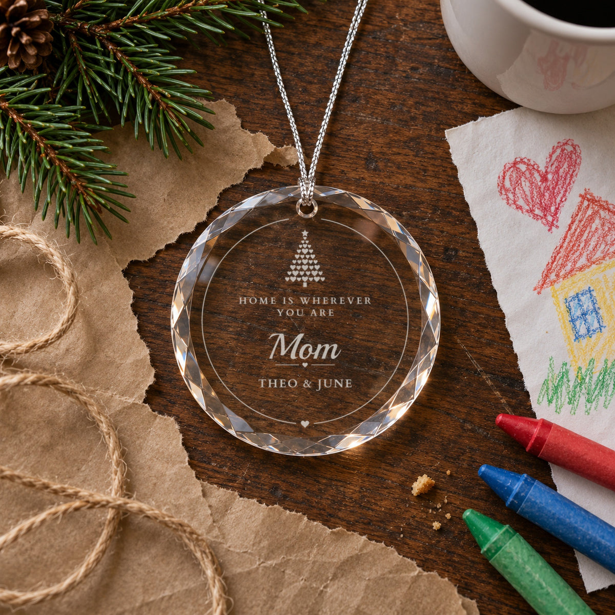 Personalized mom ornament on kraft paper beside a child's crayon drawing and crayons, engraved Home Is Wherever You Are, Mom, Theo and June