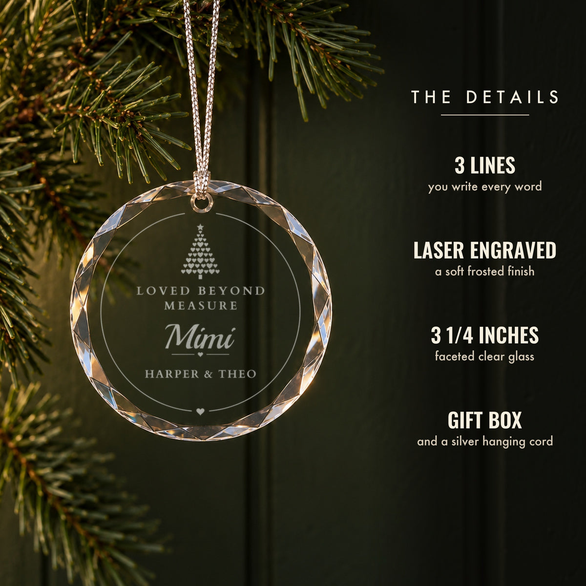 Details of the personalized mom Christmas ornament: three lines you write, frosted laser engraving, 3 1/4 inch faceted glass, gift box and silver cord