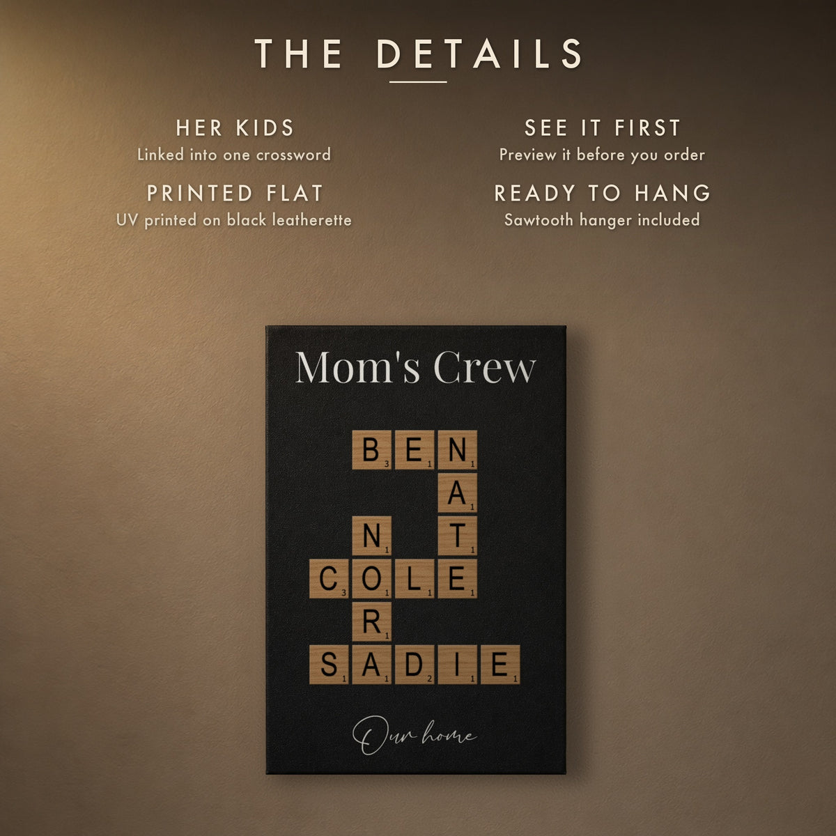 The details of the kids crossword sign for Mom: her kids' names linked into one crossword, preview first, UV printed, sawtooth hanger included