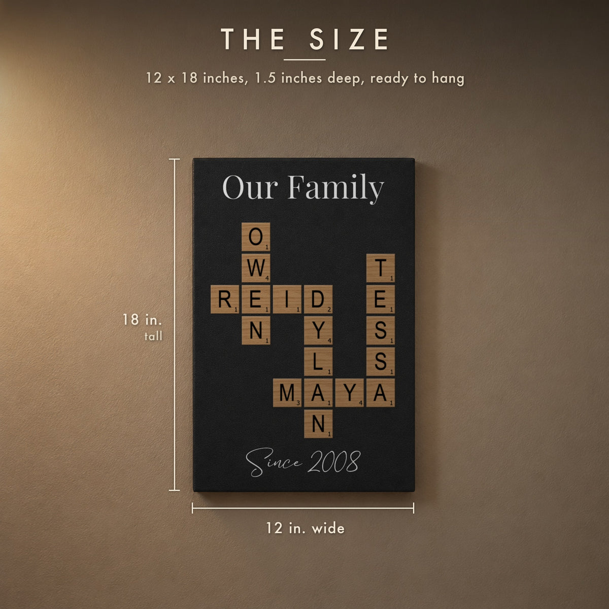 Mom crossword wall sign size: 12 inches wide, 18 inches tall and 1.5 inches deep, shown with an Our Family crossword and Since 2008