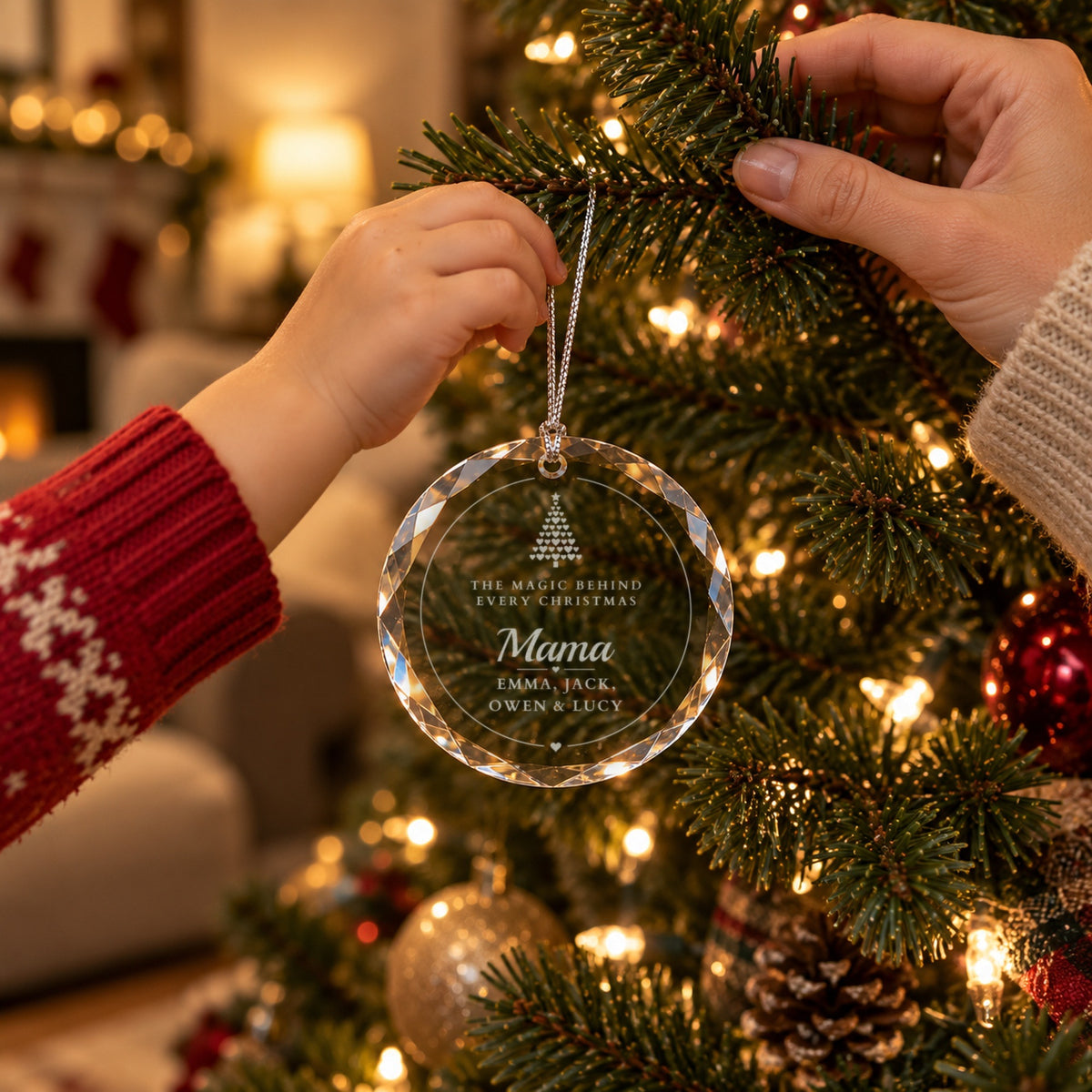 A child's hand hangs a personalized mom ornament on the Christmas tree as mom steadies the branch, engraved The Magic Behind Every Christmas, Mama
