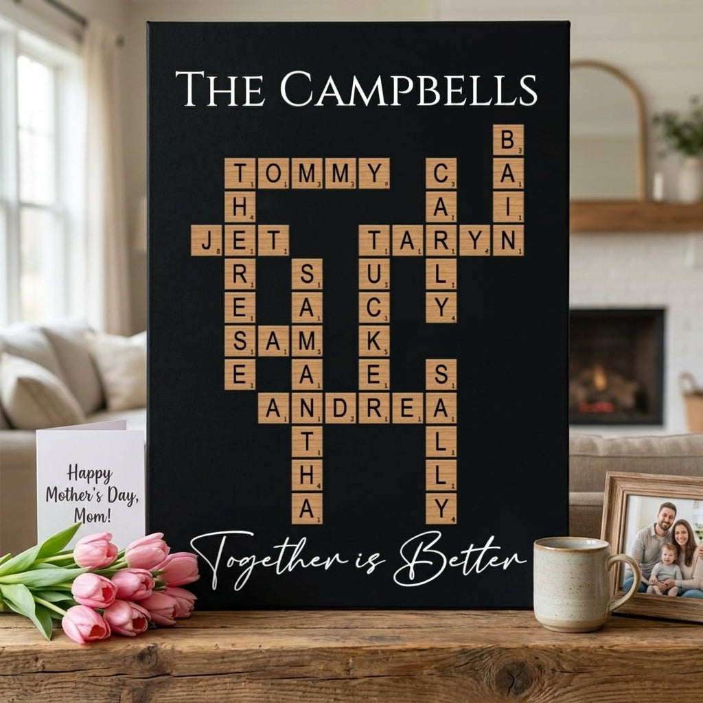 Personalized family crossword wall sign 12 by 18 inches black leatherette laser engraved with custom family names in crossword layout sawtooth hanger included for home wall art