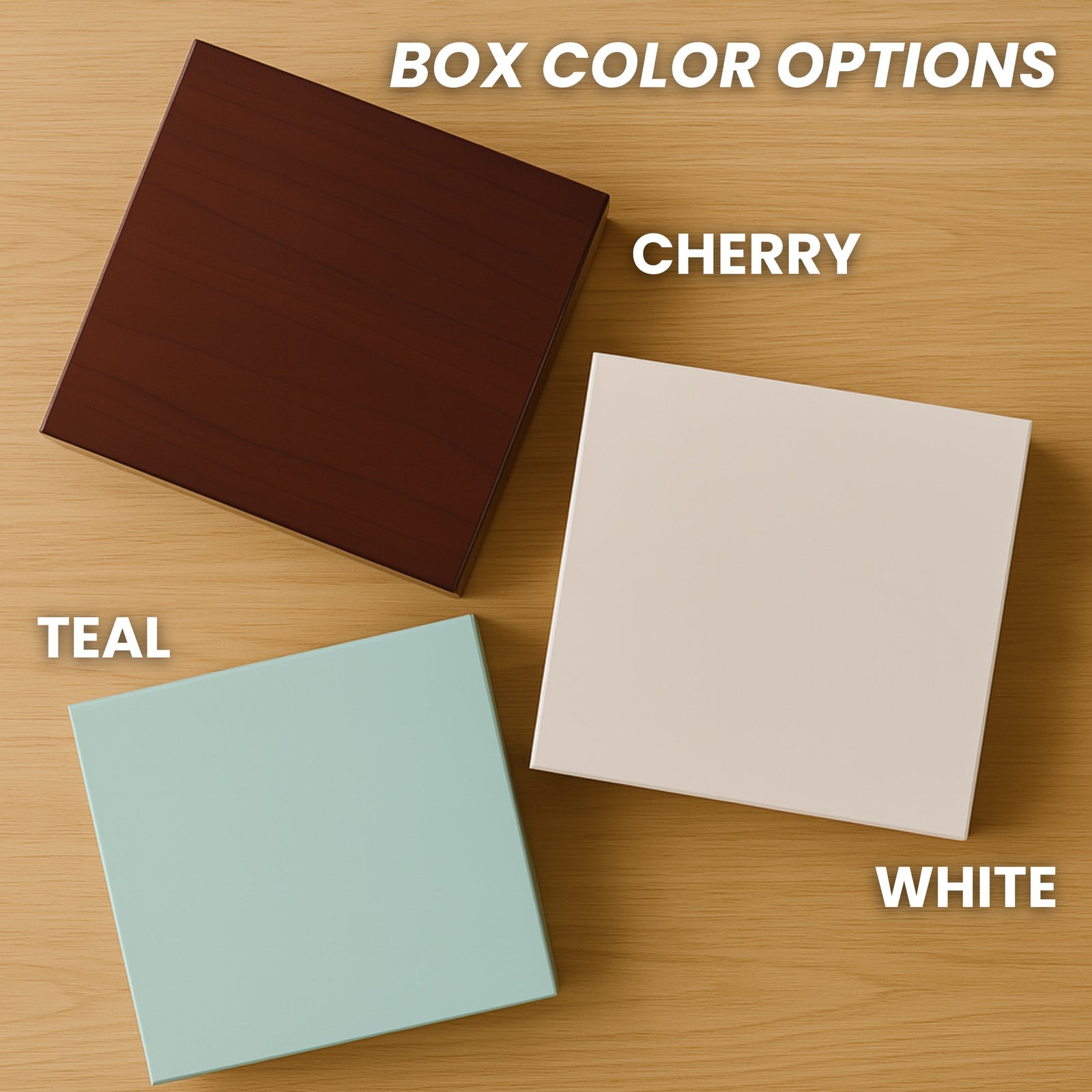Three closed wooden jewelry box lids side by side showing the cherry, white and teal finish options available for the engraved mother-in-law box