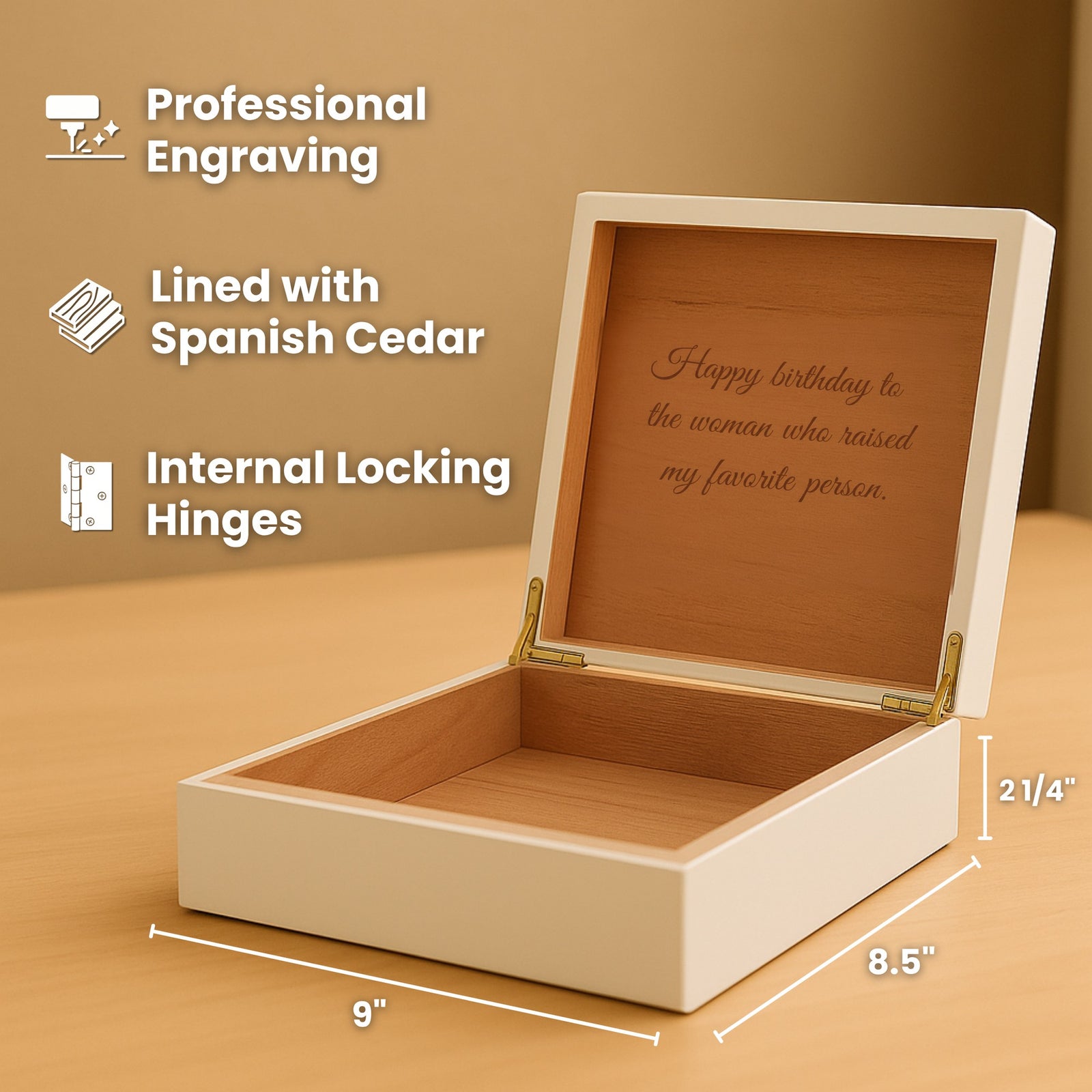 Open white keepsake jewelry box with a birthday message engraved inside the lid, labelled with its engraving, Spanish cedar lining, locking hinges and 9 by 8.5 inch size