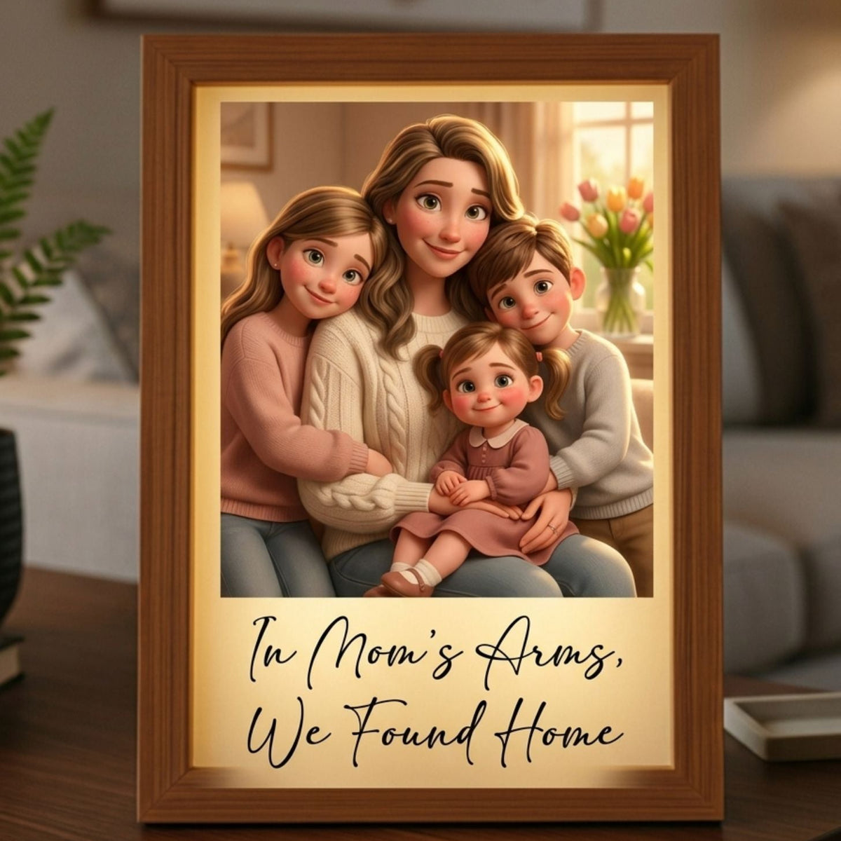 Framed personalized and animated artwork of a family with a quote 'In Mom's Arms, We Found Home' in a home setting.