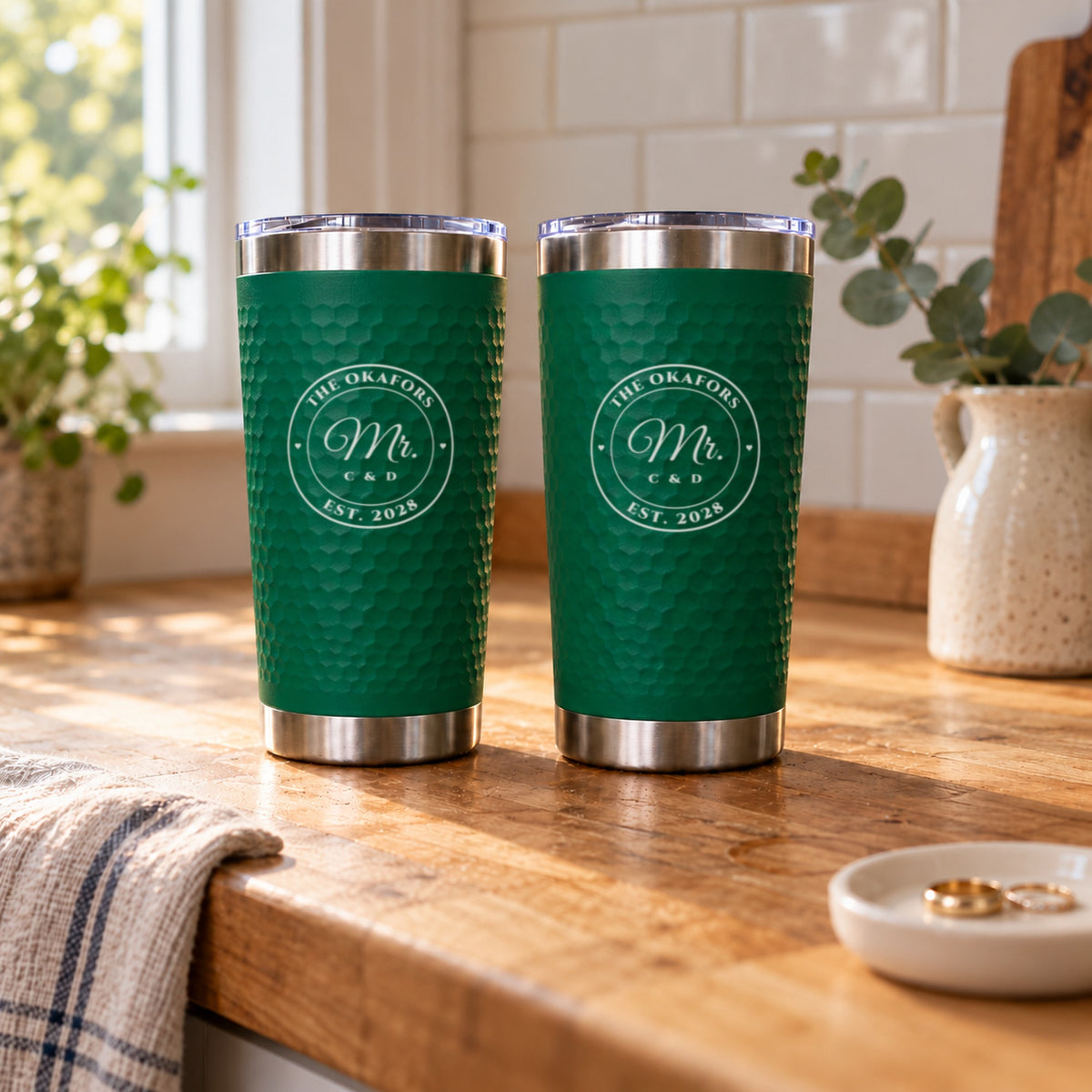 Two green engraved tumblers reading Mr. and Mr. for The Okafors, Est. 2028, the green and green color choice of the couples set