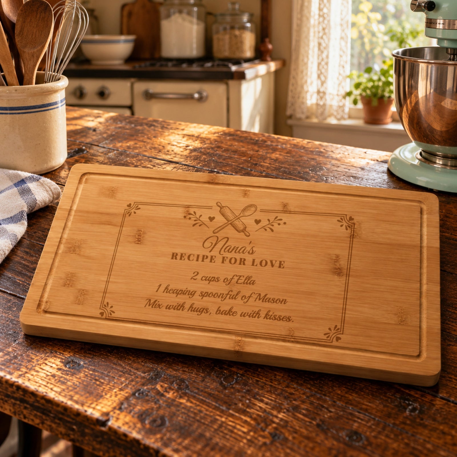 Personalized gift for grandma: bamboo board engraved Nana's Recipe for Love with two grandkids' names, in a vintage kitchen with a mint stand mixer