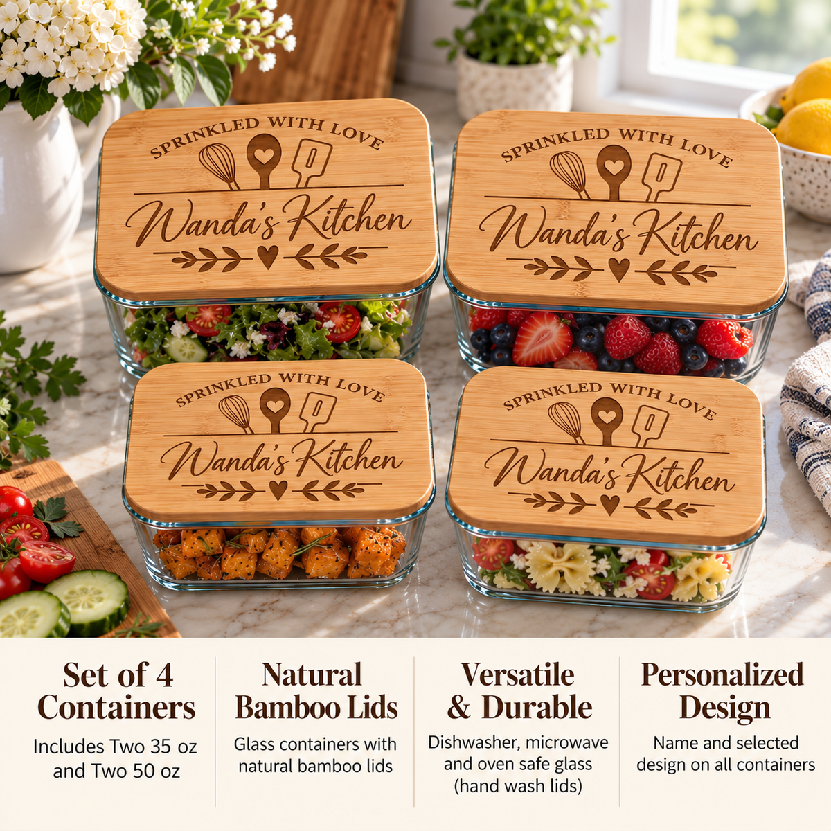 Four engraved bamboo lid glass food storage containers reading Wanda's Kitchen, a set of two 35 oz and two 50 oz with dishwasher safe glass