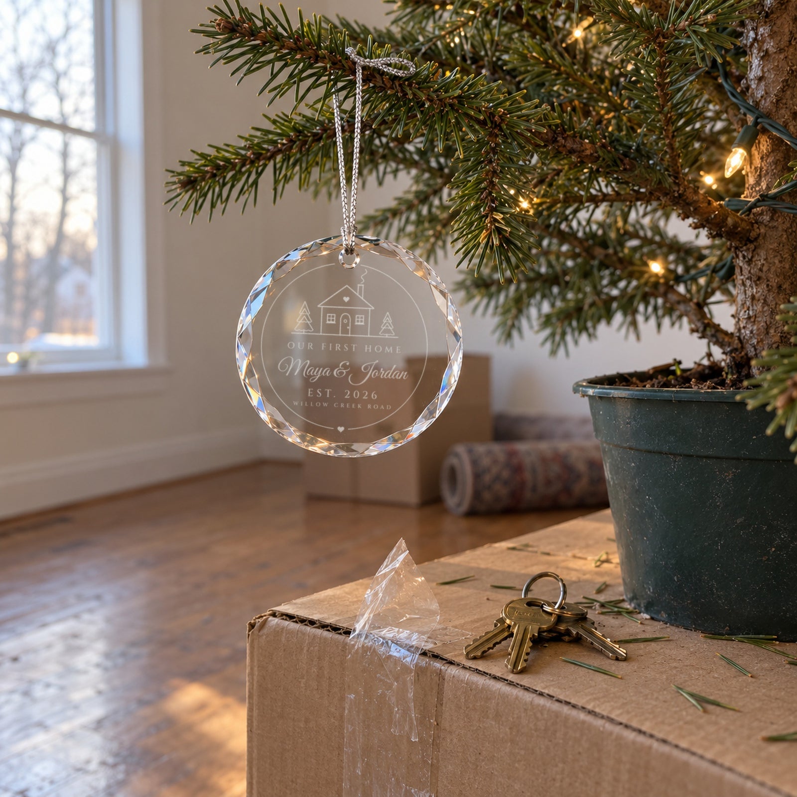 New home Christmas ornament hanging on a small tree set on a moving box beside house keys, engraved Maya & Jordan, EST. 2026, Willow Creek Road