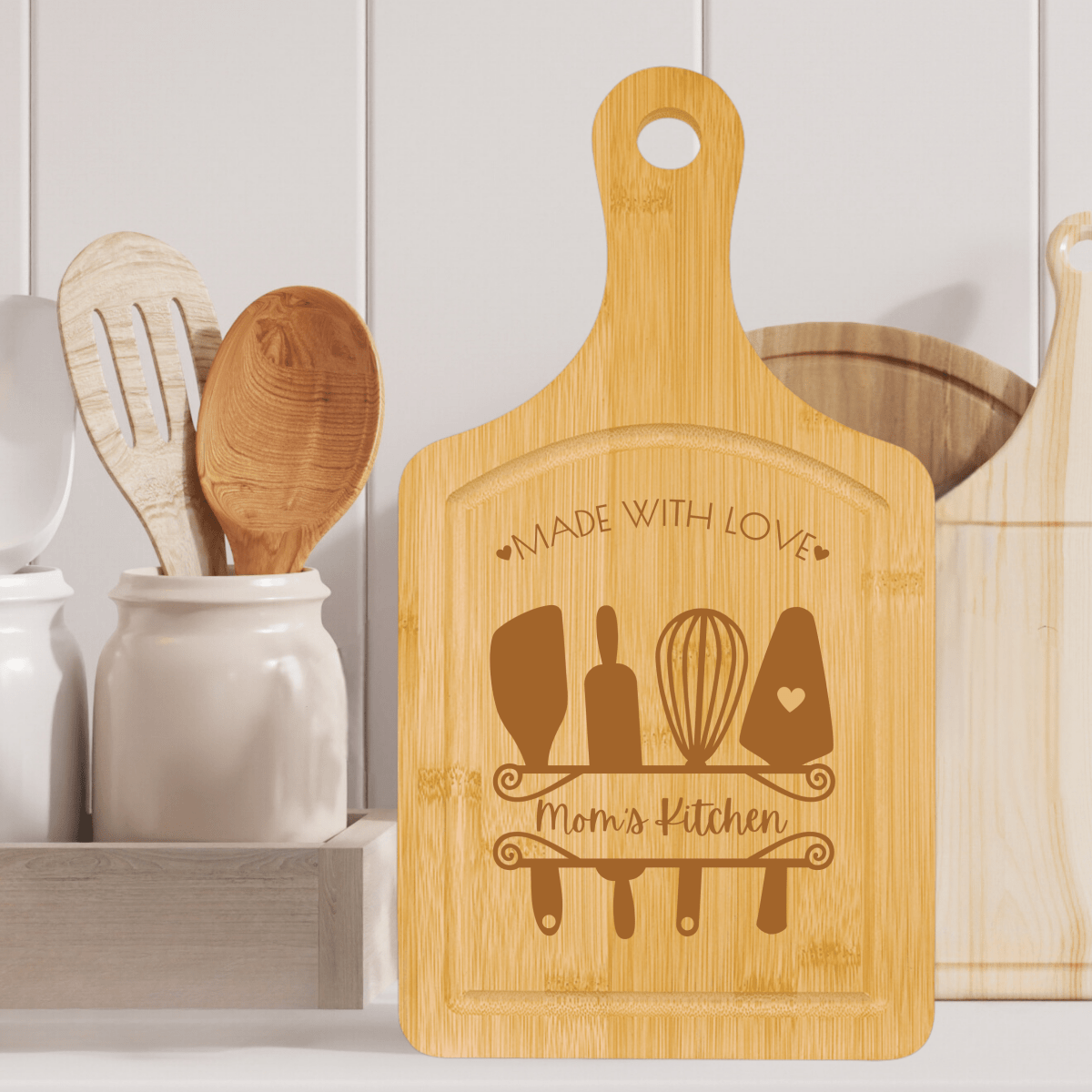 Personalized Made With Love Paddle Cutting Board for her, Customized Gifts for Women by Groovy Girl Gifts