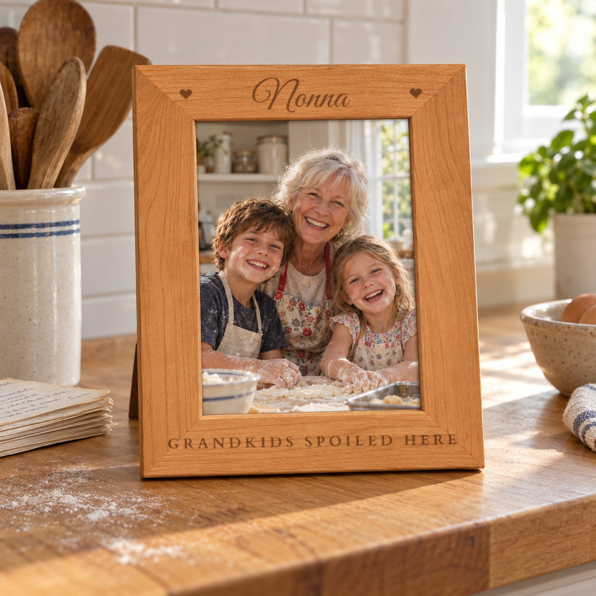 Engraved wood picture frame reading Nonna across the top and GRANDKIDS SPOILED HERE along the bottom, holding a baking photo on a kitchen counter