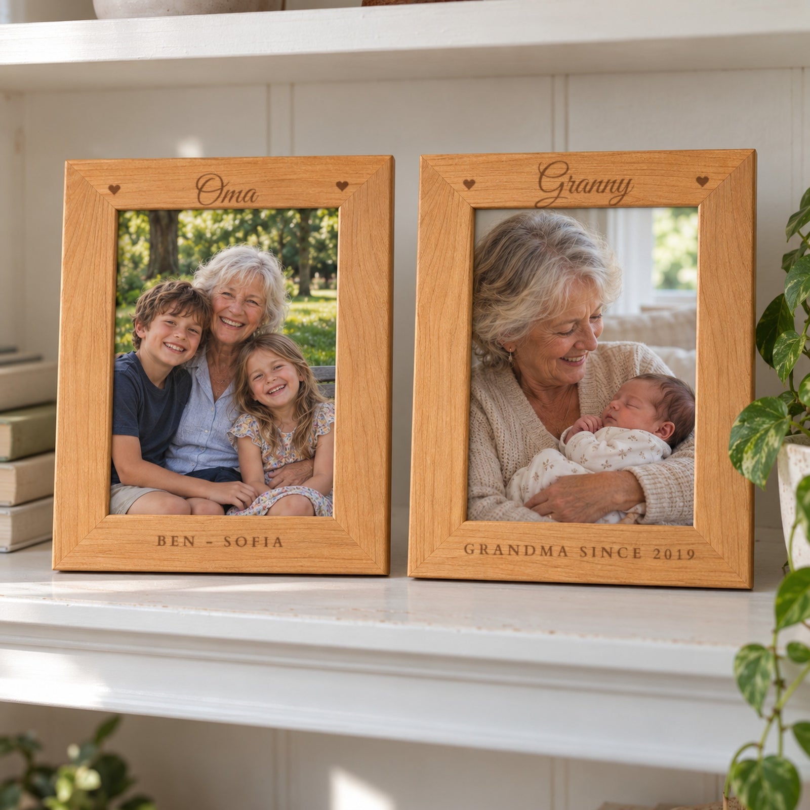 Two engraved grandma picture frames on a bookshelf, one reading Oma with BEN - SOFIA and one reading Granny with GRANDMA SINCE 2019