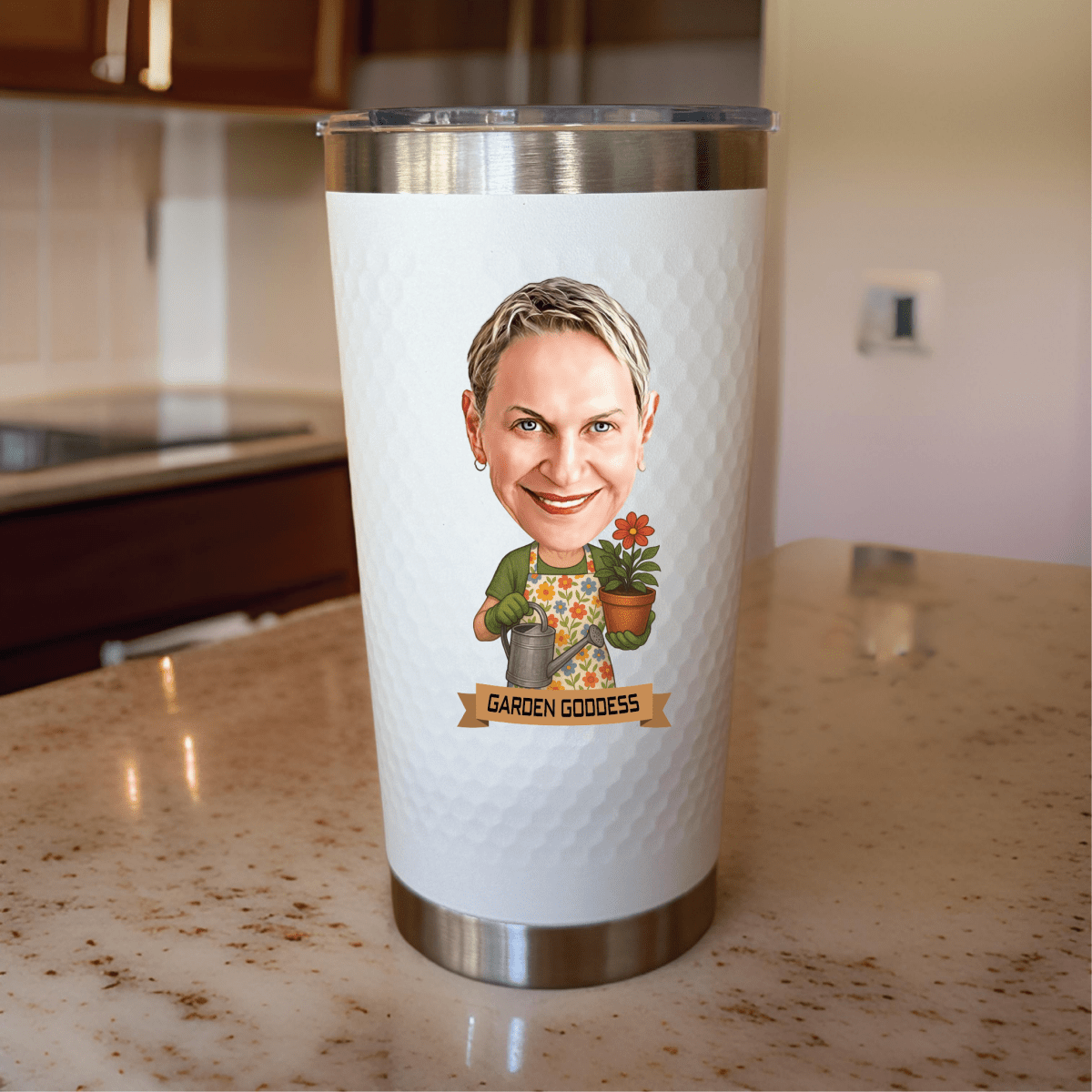custom caricature tumbler gift for gardener woman with personalized photo design