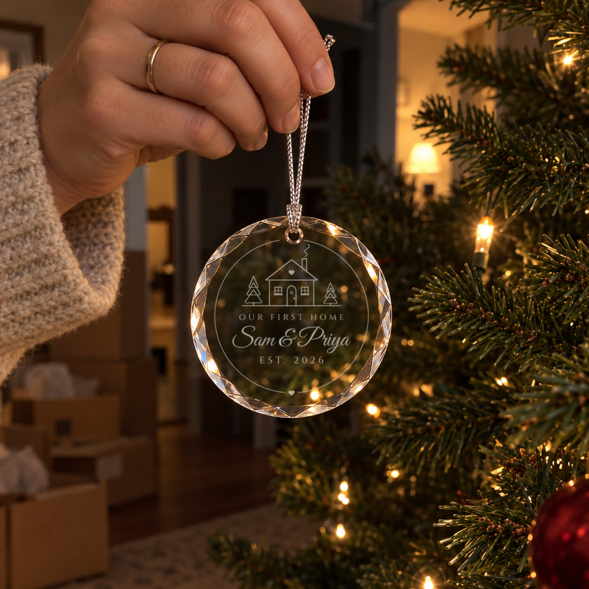Hands holding the engraved Our First Home glass ornament by its silver cord beside a lit tree in a new house, engraved Sam & Priya, EST. 2026