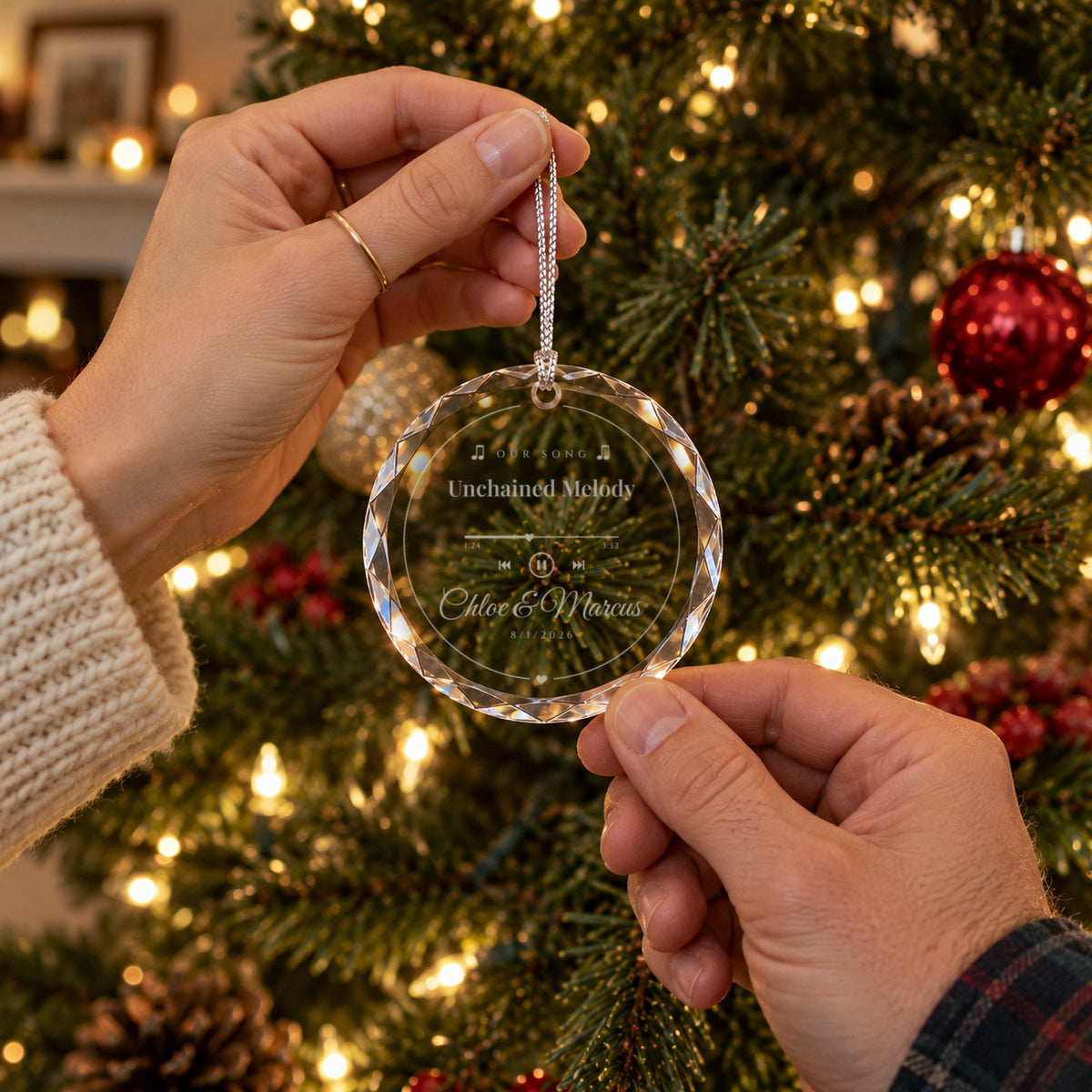 A couple's hands holding the engraved Our Song Christmas ornament together in front of the tree, reading Unchained Melody and Chloe & Marcus