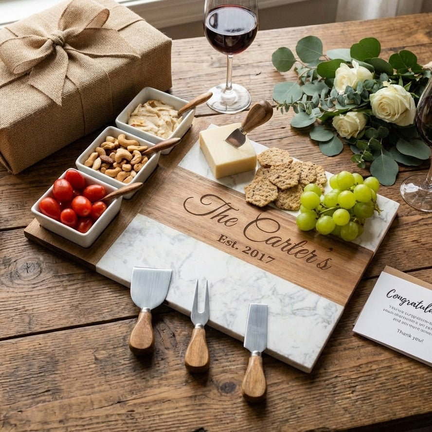 Personalized marble and acacia charcuterie board engraved with a family name, styled with cheese, crackers, grapes and a gift box.