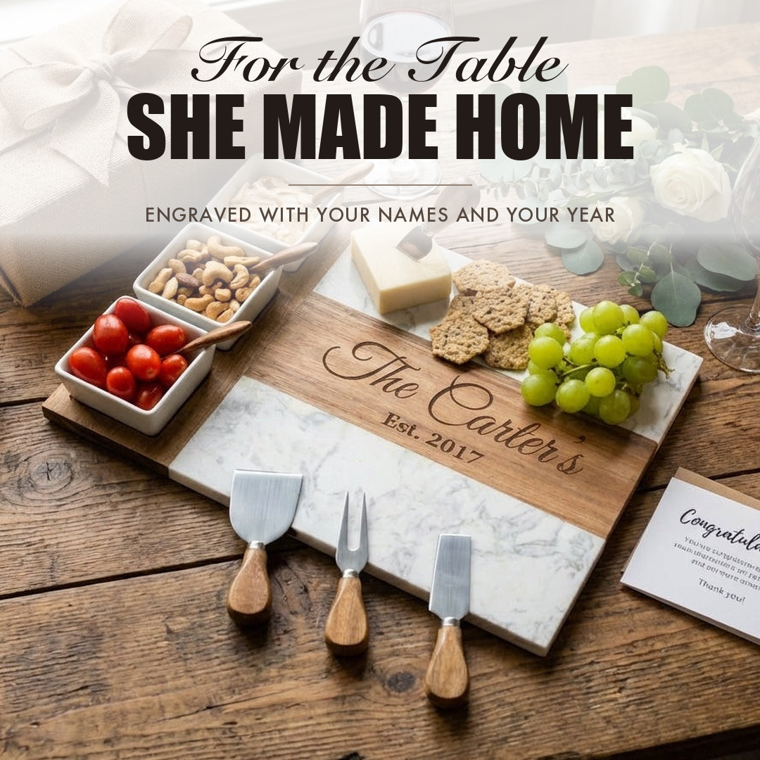Marble charcuterie board captioned For the Table She Made Home, shown as a personalized engraved birthday gift for a wife.