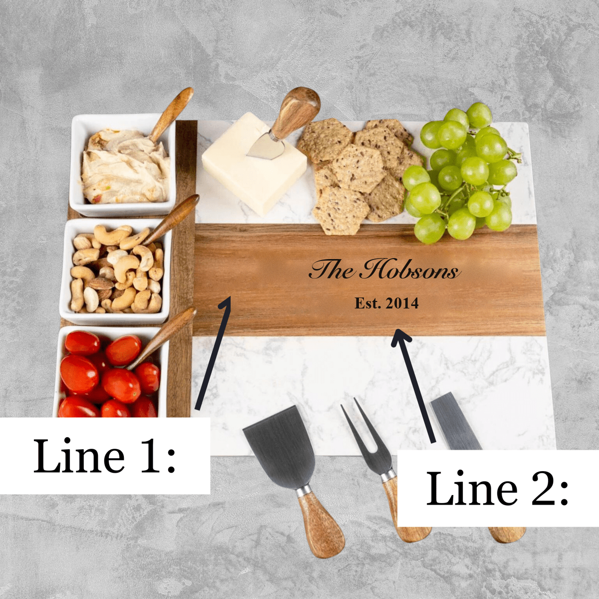 Diagram showing the two engraving lines on the charcuterie board, a family name in script on Line 1 and the year on Line 2.