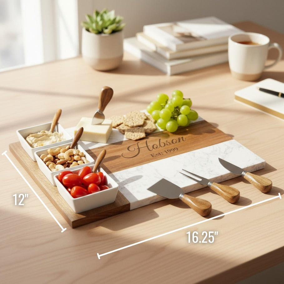Personalized charcuterie board shown at 16.25 inches long by 12 inches wide with the engraved acacia wood centre.