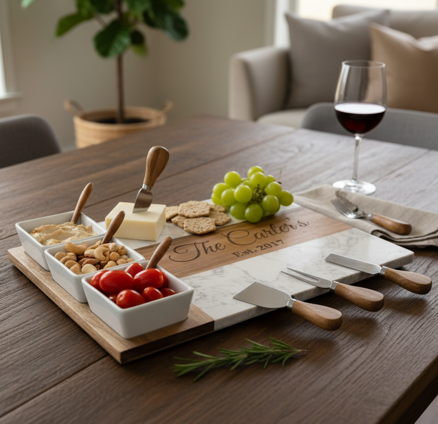 Styled charcuterie board engraved with a family name on a dining table with a glass of red wine and fresh grapes.