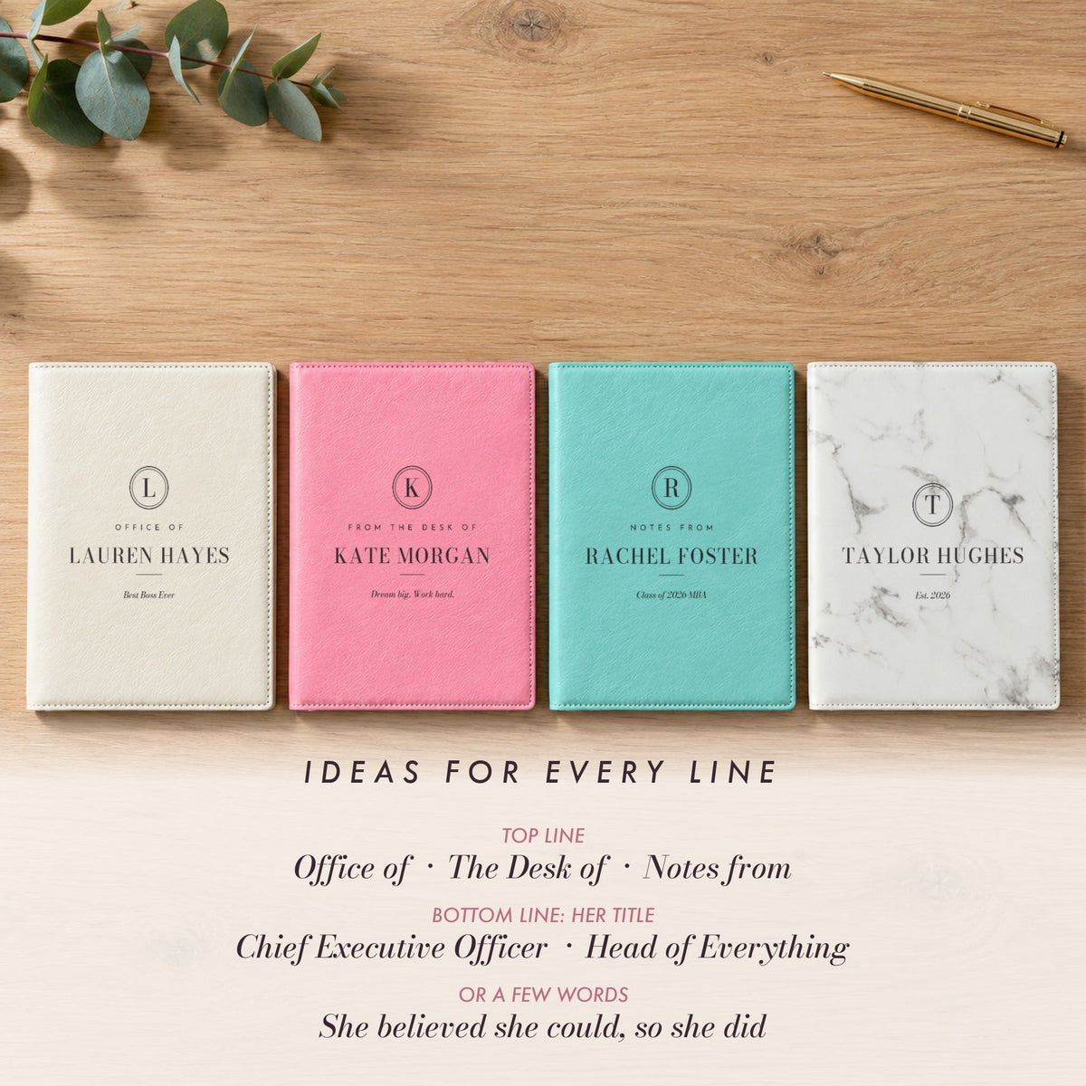 Four engraved padfolios in white, pink, teal and white marble with ideas for the top line and the line under her name, a gift for boss or coworker