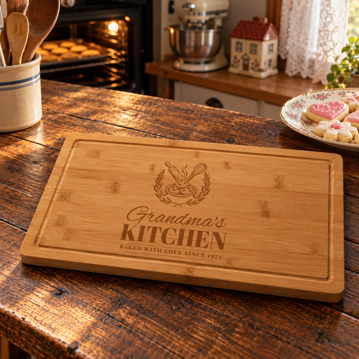 Personalized Christmas gift for grandma: bamboo board engraved Grandma's KITCHEN BAKED WITH LOVE SINCE 1972 in a cozy kitchen with cookies baking