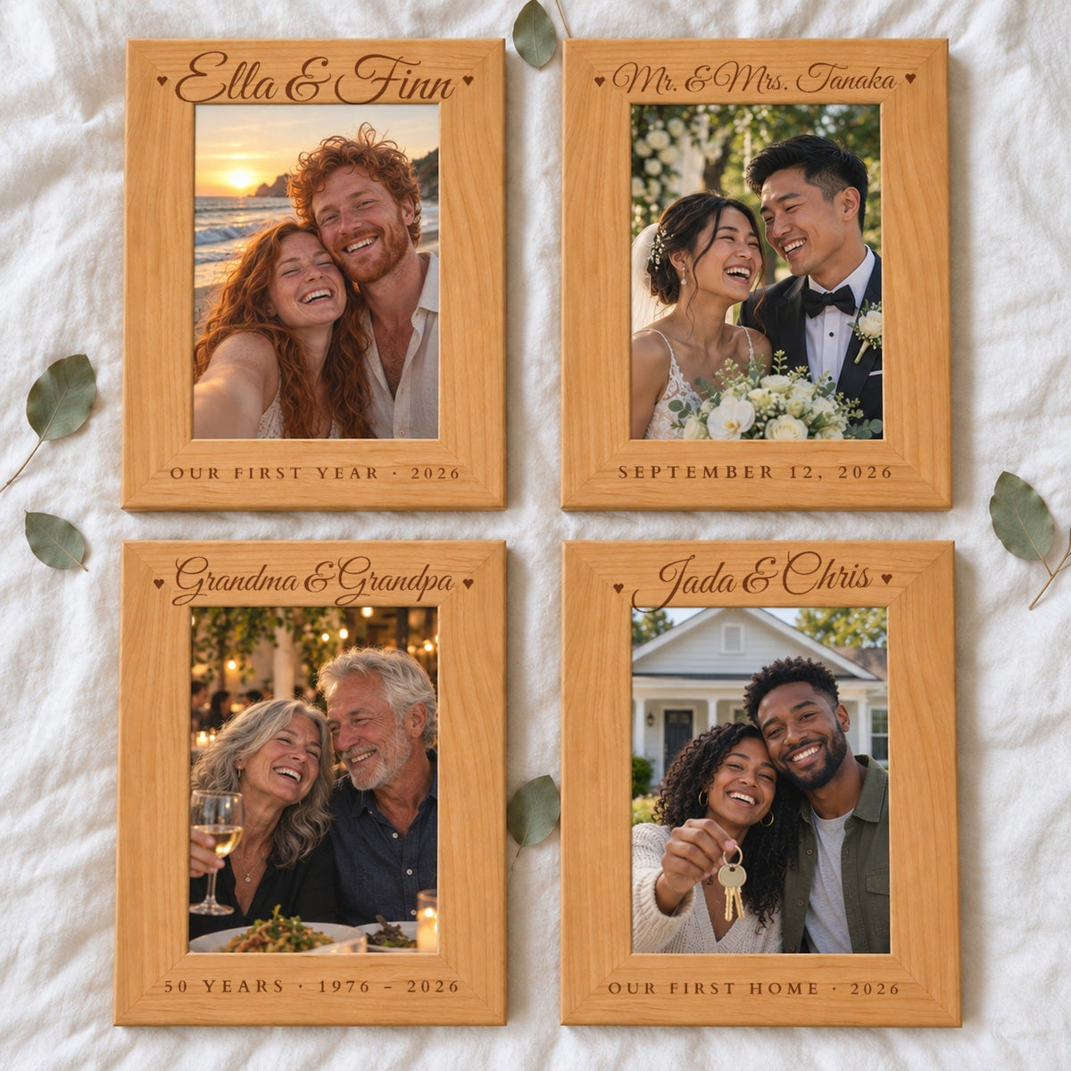 Four engraved couples picture frames: Ella & Finn Our First Year, Mr. & Mrs. Tanaka with a wedding date, Grandma & Grandpa 50 Years, Jada & Chris Our First Home