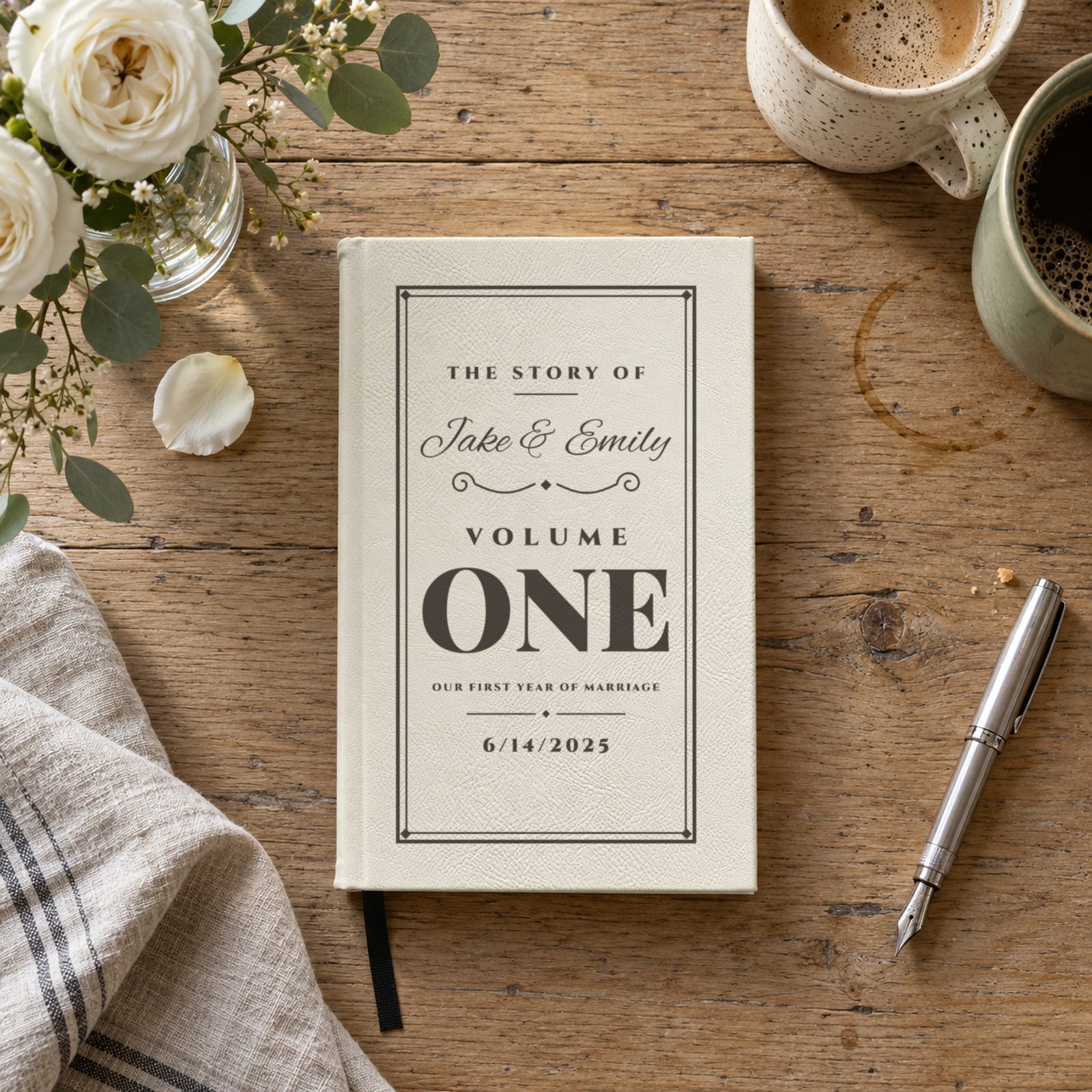 First anniversary journal in white engraved with The Story Of Jake & Emily, Volume One and the wedding date, a personalized paper anniversary gift