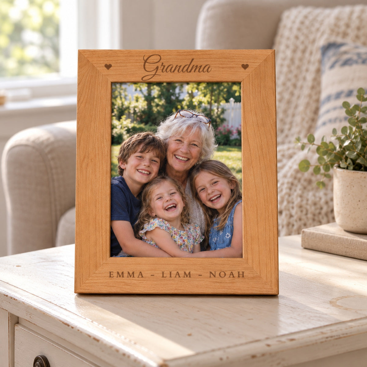 Personalized grandma picture frame in red alder wood, engraved Grandma in script with two hearts and EMMA - LIAM - NOAH, on a living room side table