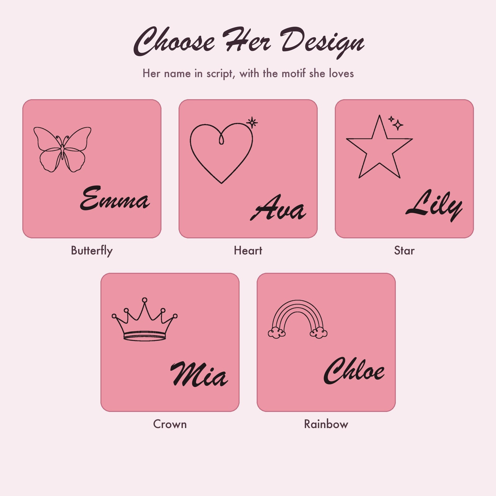 Chart of the five engraving designs for the girls jewelry box, butterfly, heart, star, crown and rainbow, each shown with a sample name in script