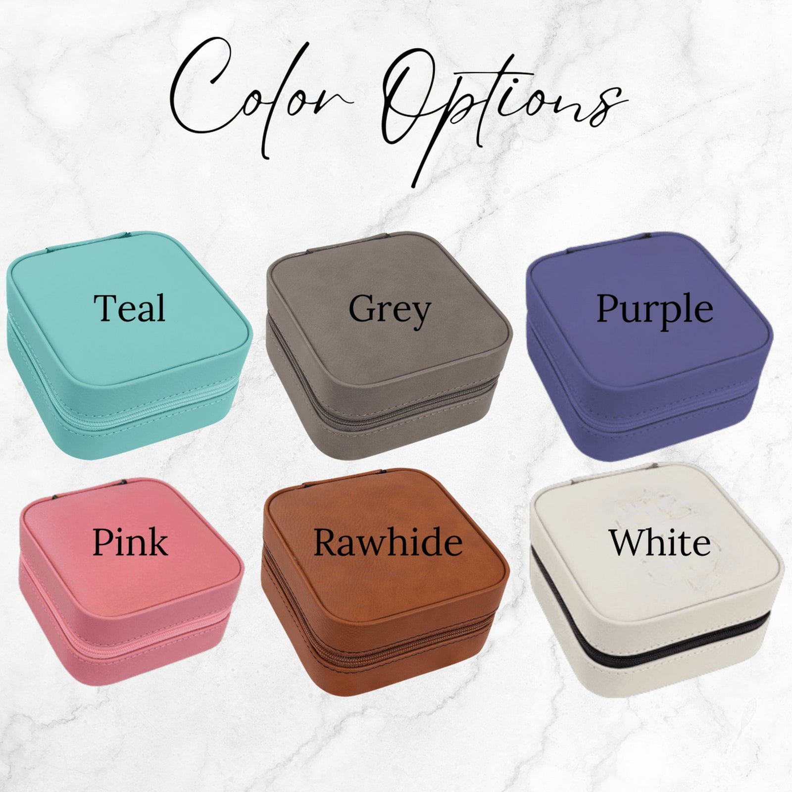 Six color options for the personalized girls jewelry box shown side by side: teal, grey, purple, pink, rawhide and white leatherette cases