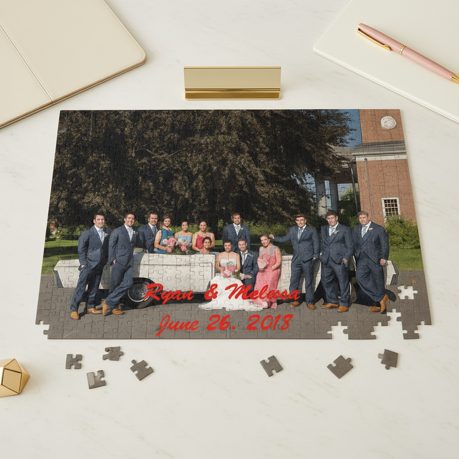 Custom photo puzzle featuring a wedding party group photo with sample names "Ryan & Melissa" and date "June 26, 2015" printed in red script, shown partially assembled with loose pieces displayed.