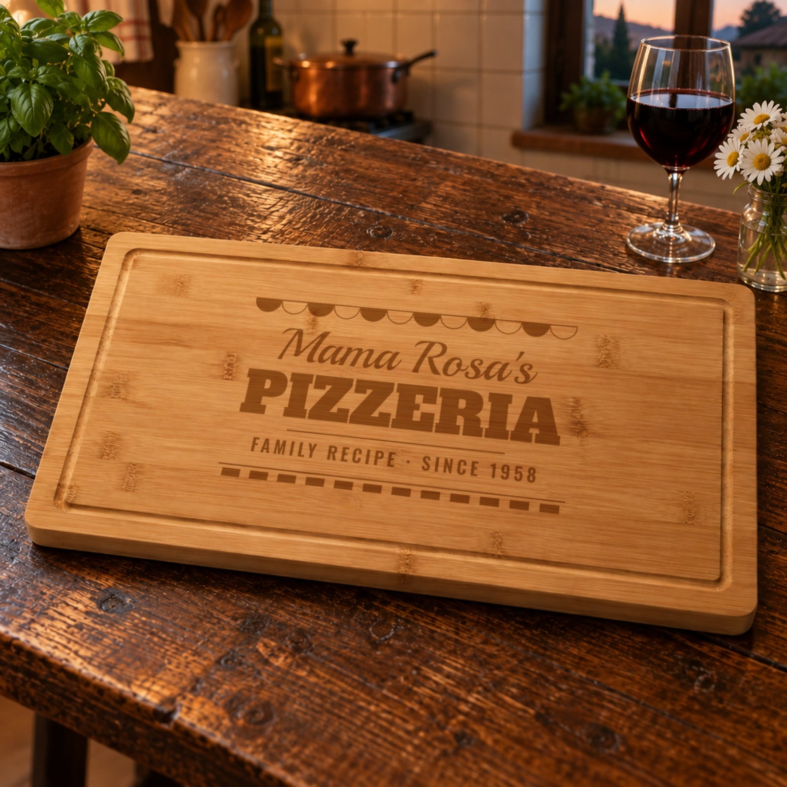 Engraved pizza board for mom reading Mama Rosa's PIZZERIA FAMILY RECIPE SINCE 1958 in a warm Italian family kitchen with red wine, daisies and basil