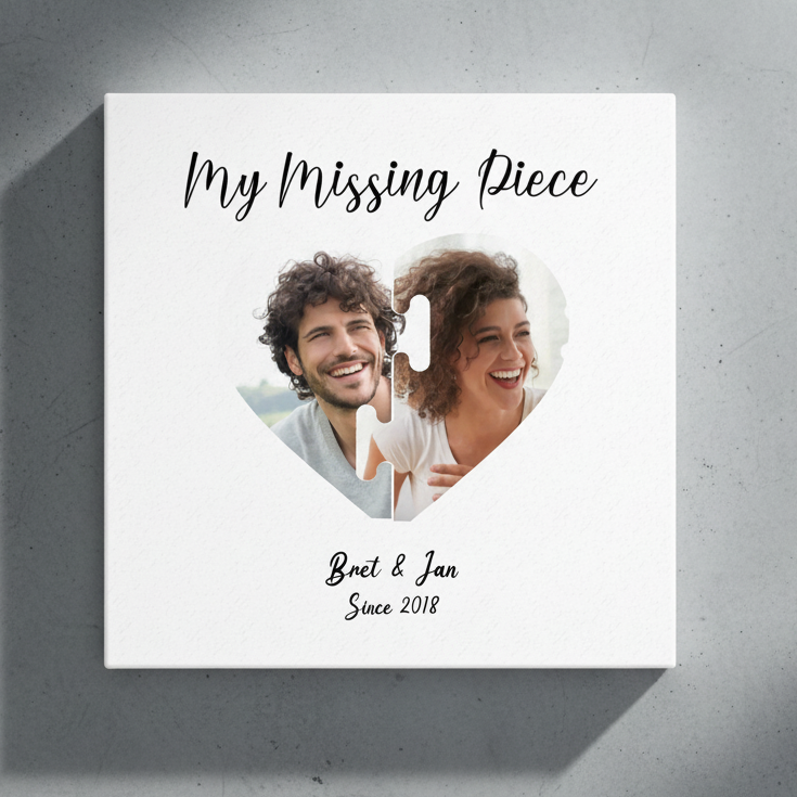 Canvas Sign with a heart-shaped cutout featuring a couple and text &#39;My Missing Piece&#39; on a gray background