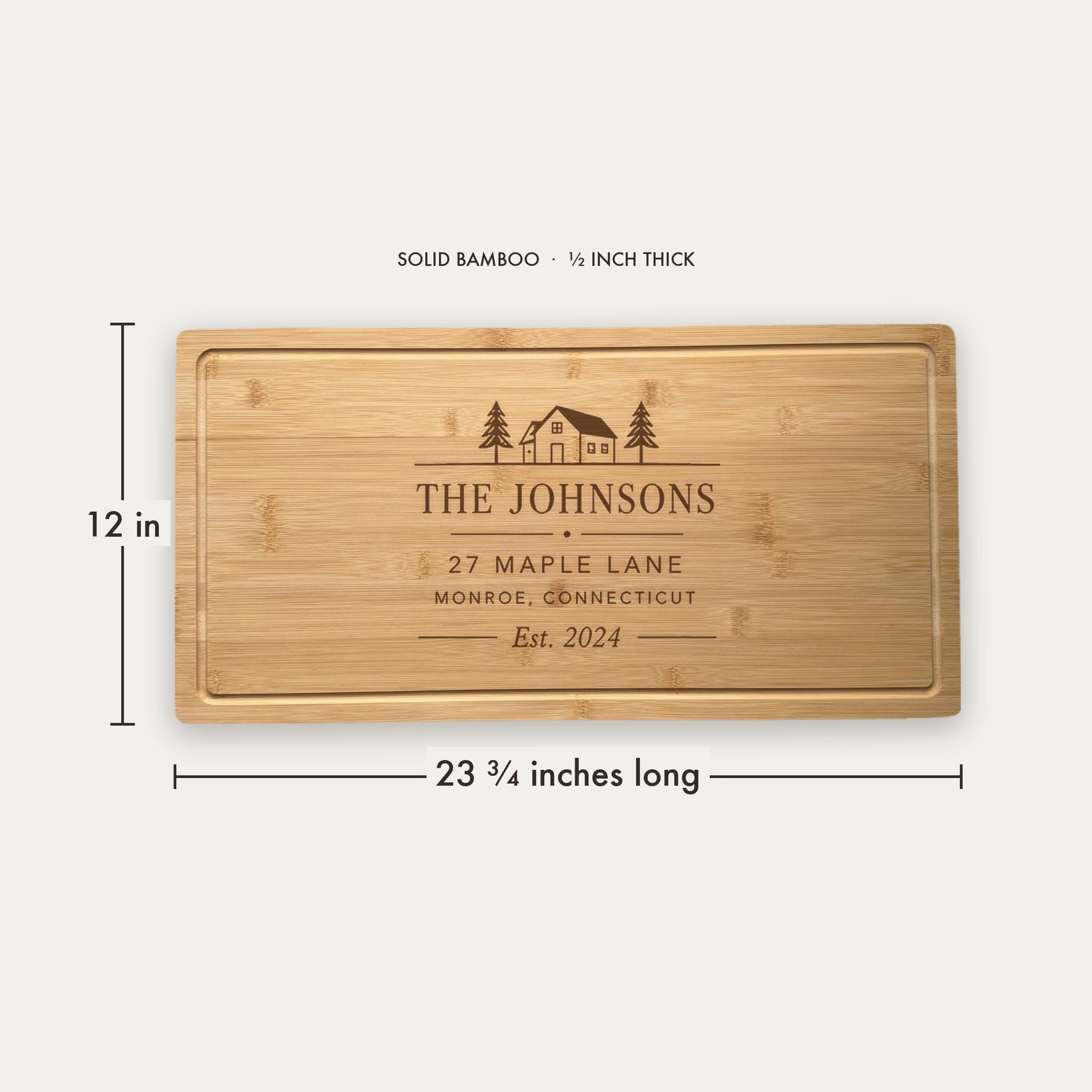 Size guide for the personalized realtor closing gift board, 23 and three quarter inches long by 12 inches wide in half inch thick solid bamboo.