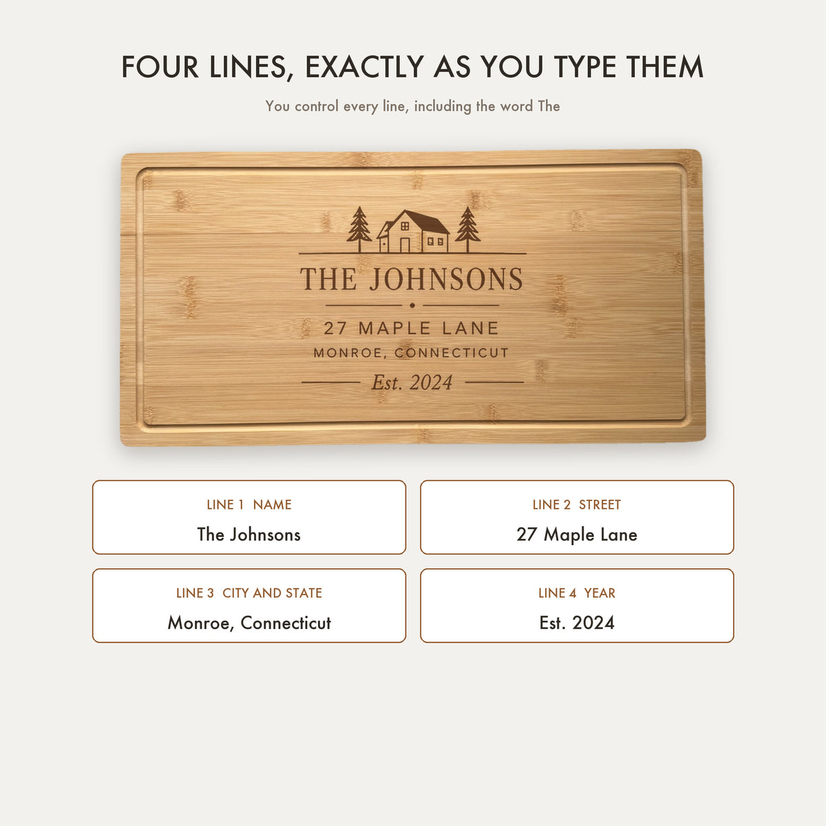 How the closing gift board is personalized, showing all four engraved lines: family name, street address, town and state, and the year they closed.