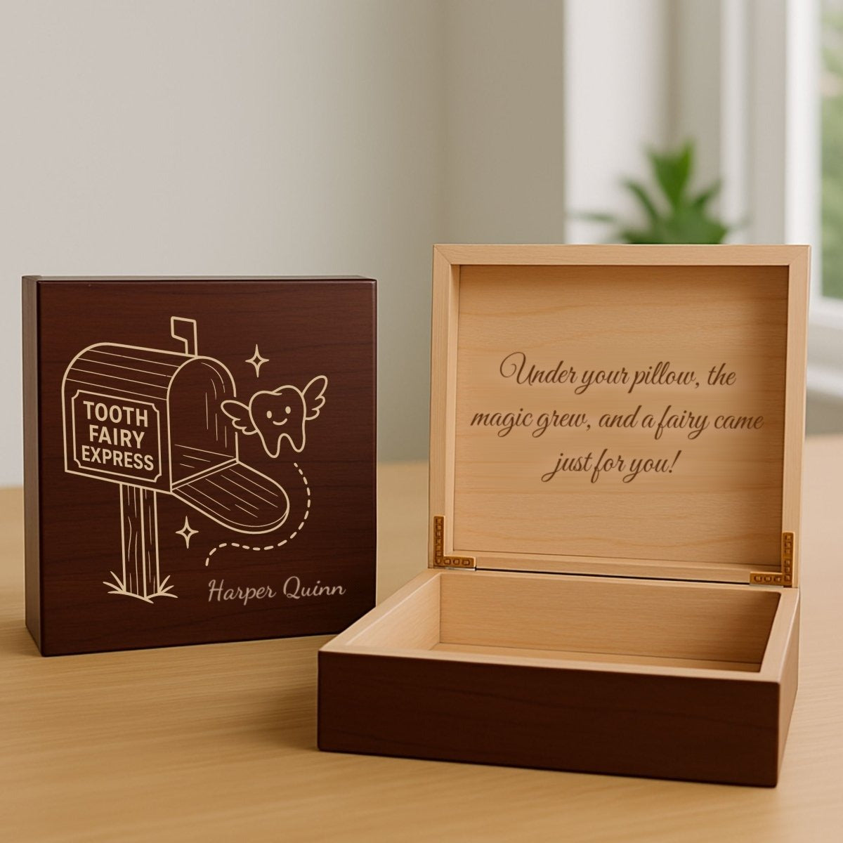 Dark wood tooth fairy keepsake box engraved with a Tooth Fairy Express mailbox, a winged tooth and the sample name Harper Quinn, beside the open box and its message