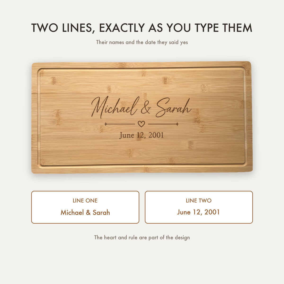 How the wedding board is personalized, showing line one for both first names and line two for the wedding date, engraved exactly as typed.
