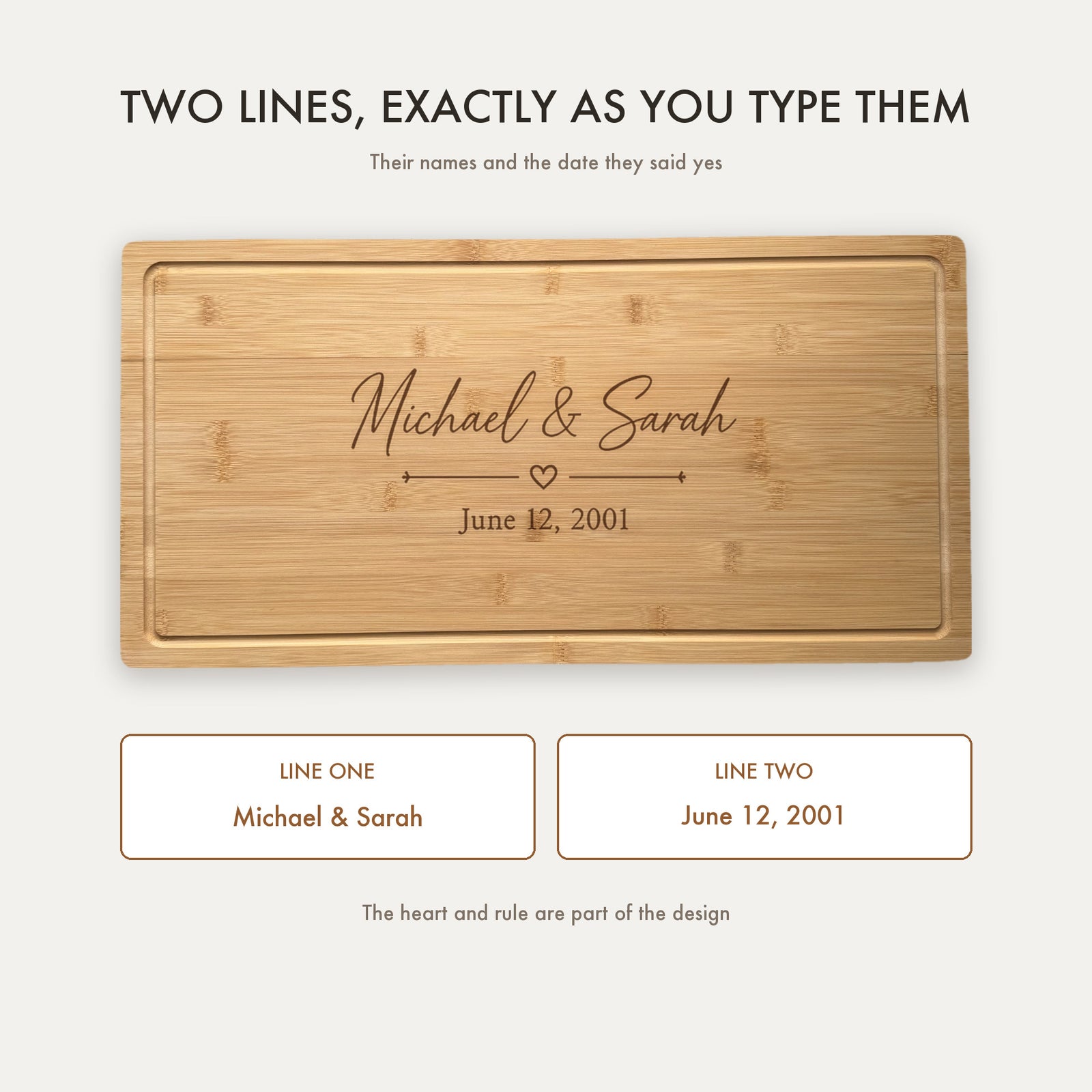 How the wedding board is personalized, showing line one for both first names and line two for the wedding date, engraved exactly as typed.